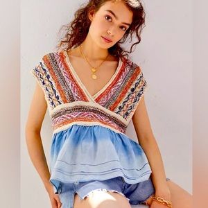 Anthropologie Pilcro Boho Woven Sweater Chambray Peplum Babydoll Top XL